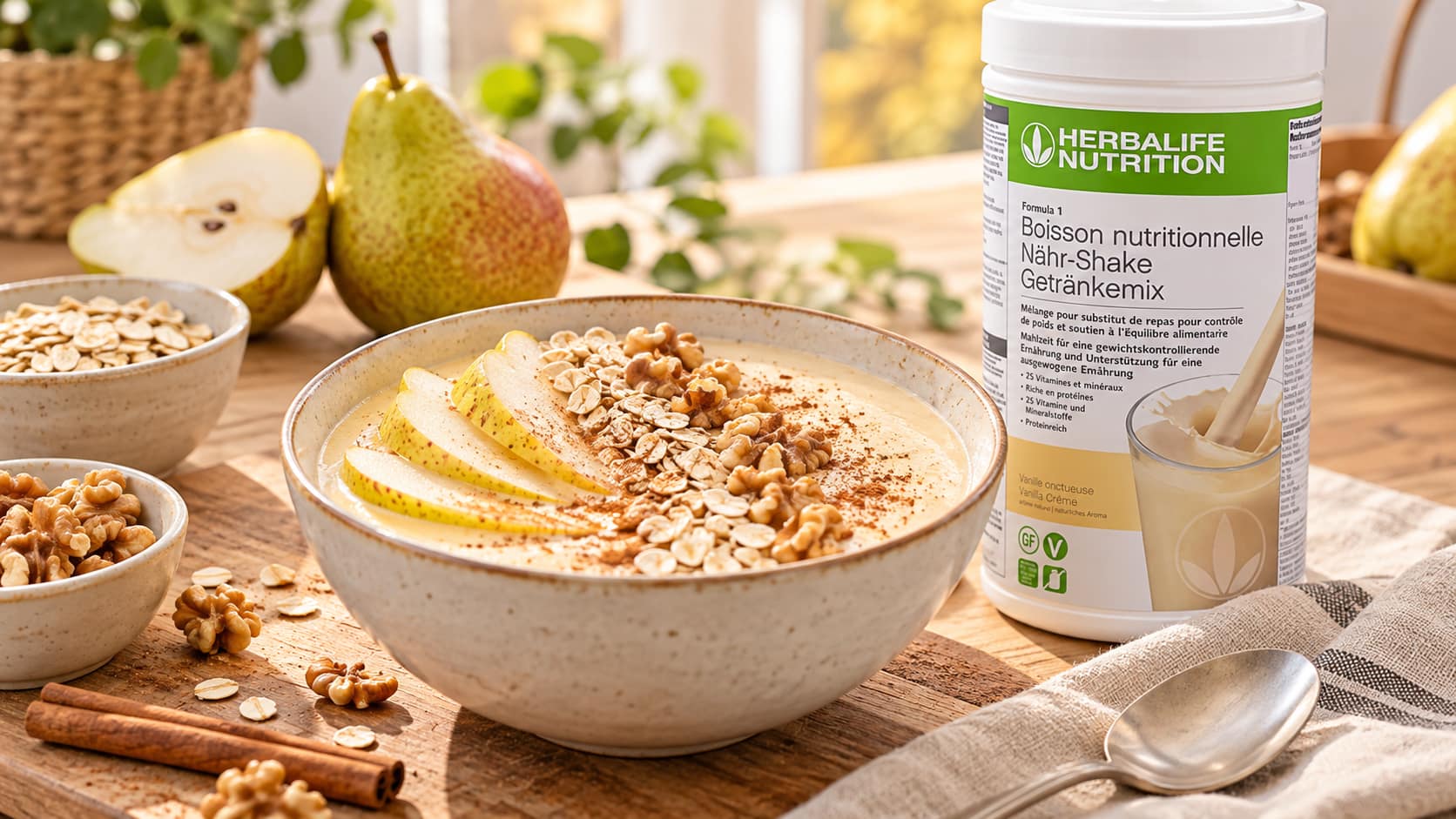 Birnen-Vanille-Bowl mit Haferflocken, Baumnüssen und Zimt als Frühstücksidee